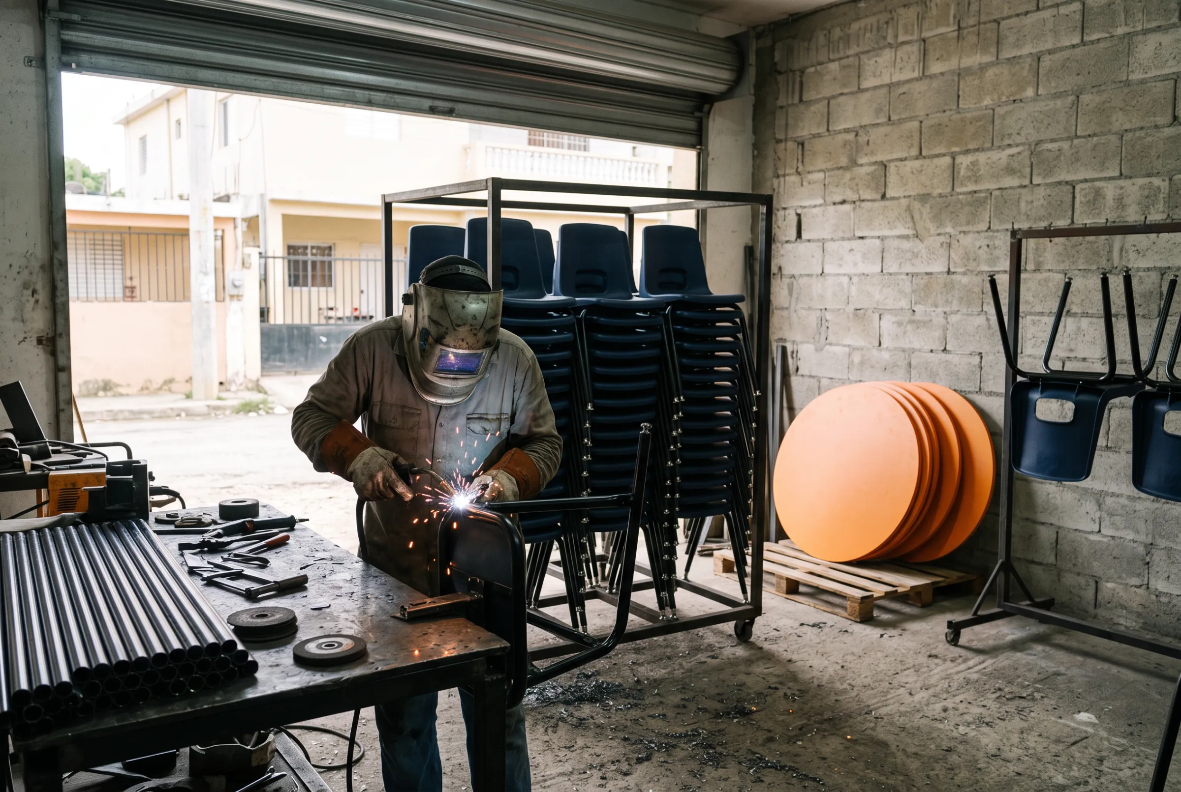 Soldador del taller de Edumuebles armando una estructura de silla escolar
